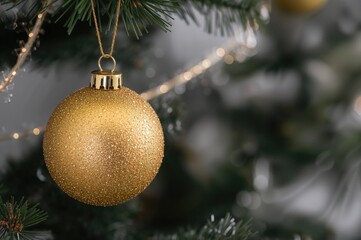 Wall Mural - Close-up of a golden ornament dangling on a festively adorned Christmas tree.
