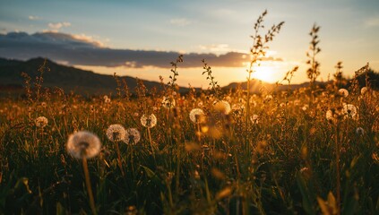 Wall Mural - Sunrise over a countryside meadow filled with blooming dandelions and distant hills under a cloudy sky