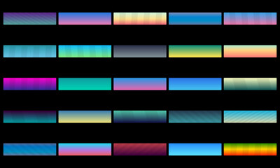Gradient color blocks background. Set of 25 colorful gradient rectangles on black background.