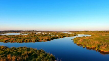 Wall Mural - Pristine blue sky evolves from dawn to dusk over a sprawling marsh, showcasing subtle atmospheric shifts in a clear timelapse majestic, natural beauty, atmospheric