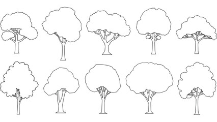 Wall Mural - Minimal CAD Tree Line Vector – Side View Outline Set of Graphic Tree Elements for Architecture and Landscape Design AI EPS PNG JPEG