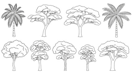 Wall Mural - Minimal CAD Tree Line Vector – Side View Outline Set of Graphic Tree Elements for Architecture and Landscape Design AI EPS PNG JPEG
