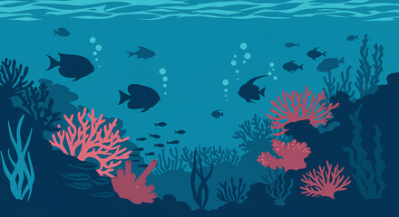 Naklejka na meble Deep Ocean Coral Reef Scene with Fish Silhouettes Vector Illustration