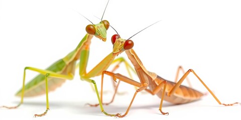 Two mantises, one green, one brown, posed against a bright white background,  background,  pair