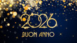 © emmanuel - biglietto o striscione per augurare un felice anno nuovo 2026 in oro su sfondo blu con cerchi e glitter color oro con effetto bokeh