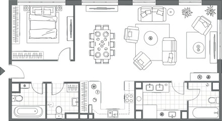Naklejka na meble Vector art of floor plan of a modern apartment with living room, dining, bedroom, and bathroom