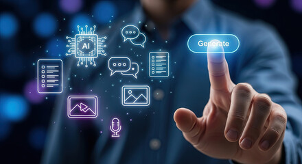 AI Content Generation Concept: Man Interacting with Digital Interface for Automated Text, Image, and Audio Creation, Showcasing Technology's Power