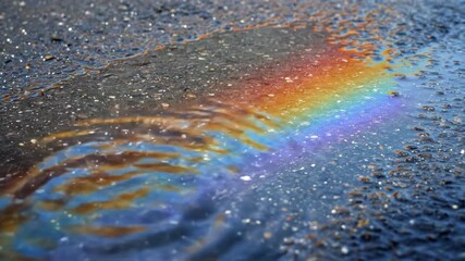 Wall Mural - Macro shot of a shimmering rainbow reflection in a clear rainwater puddle after a storm light, colorful, background