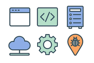 Modern collection of web development, programming, and technology interface icons for digital projects, including browser, code, server, cloud, settings, and bug symbols