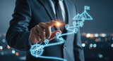 Strategic Business Plan: Businessman Tracing Path to Success on Digital Interface, Setting Goals, Achieving Targets, and Navigating Challenges Ahead.
