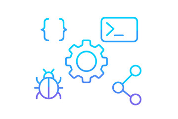 Modern software development and programming concept icons featuring coding, debugging, settings, and network symbols in a vibrant gradient style