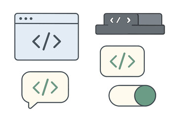 Modern collection of web development, coding, and user interface design elements and icons for digital projects and applications