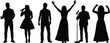 © Md Shahedul - Performer silhouette collection, singing, speaking, expressive poses, microphone icons, concert scene, black graphic, vector illustration, editable stage design