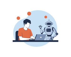 A flat vector illustration showing human and robot collaboration with a developer working on a laptop next to a friendly AI assistant