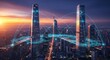© MasumBDIA - Futuristic Cityscape with Digital Network Connections at Sunset Representing Global Connectivity