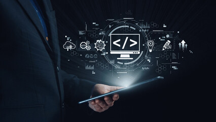 Modern web development concept featuring coding symbols, web development process, web development interface, and web development tools with futuristic design. Elide