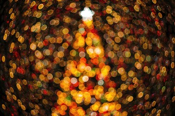 Wall Mural - Vibrant Red, Yellow, and Green Holiday Tree Lights Blurred with Sparkling Glow, Festive Background Design