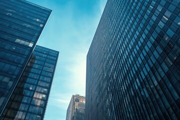Wall Mural - Close-up view of tall contemporary office towers with glass facades and blue sky backdrop