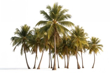 Wall Mural - Single coconut and palm trees set against a plain white backdrop, featuring a variety of tall trees with thick trunks thriving in the summer season.