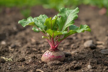 Wall Mural - Freshly grown beetroot with sprouted roots in a cultivated field, focusing on leaf development and harvest stages.