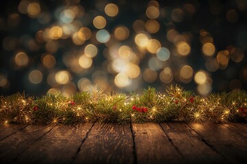 Wall Mural - Festive bokeh lights with radiant golden garland on rustic wooden surface surrounded by evergreen branches