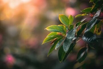 Wall Mural - Lush green foliage with soft-focus natural backdrop, featuring floral patterns and abstract textures for a summery, springtime design