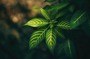 Wall Mural - Lush green foliage featuring distinctive dark green striped designs during the wet season