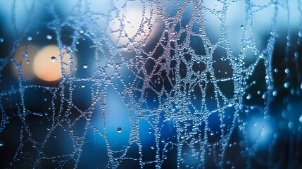 Intricate frosty spiderweb covered in delicate ice crystals.