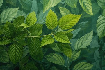 Wall Mural - Twig with vibrant green foliage. Organic textured verdant backdrop, leaf motif. Close-up of raspberry plant leaves.