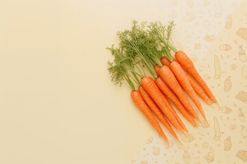 Wall Mural - Pastel yellow backdrop with fresh carrots. Simple Easter theme. Minimalistic spring arrangement.