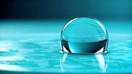 Close-up macro shot of a crystalline water droplet reflecting a complex internal geometric pattern on a teal surface.