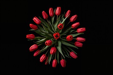 Wall Mural - Red tulip bunch displayed against a dark backdrop from above