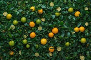 Wall Mural - Flat lay of citrus fruits including limes, oranges, and lemons on a lush green background