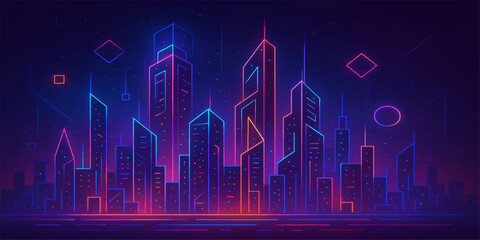The abstract digital technology background features a financial graph against a blue urban skyline with data lines and a market chart vector illustration