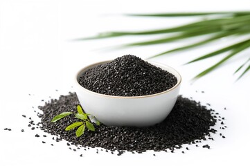 Wall Mural - White background with a bowl filled with activated carbon made from coconut
