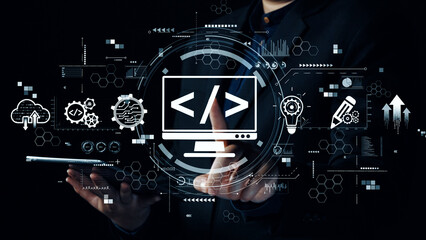 Modern web development concept featuring coding symbols, web development process, web development interface, and web development tools with futuristic design. Elide