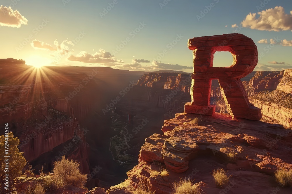 Giant stone letter R sculptures in desert canyon landscape at sunset AI ...