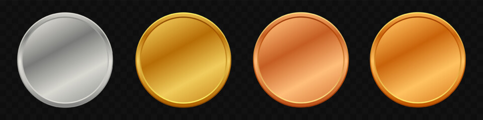 Realistic set of four gradient metallic coins, medals, or tokens in gold, silver, bronze, and rose gold finishes. Collection is perfect for game awards, achievement icons, user interface buttons