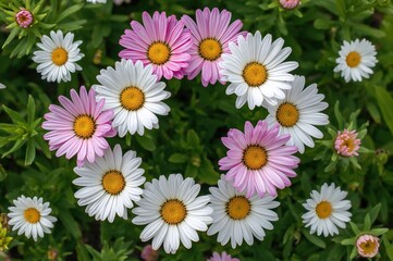 Wall Mural - A circular arrangement of white and pink blossoms featuring yellow cores, encircled by lush green foliage. Symbolizing elegance and natural balance.