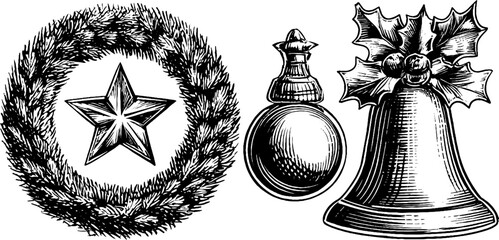 Wall Mural - Vintage engraved christmas symbols set featuring wreath, ornament, and bell silhouette for holiday design