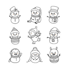 Wall Mural - set of cartoon christmas snowmans in doodle style. Funny snowman wearing hat, scarf on white background. Xmas card. Vector illustration