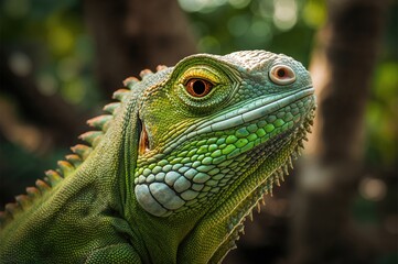 close-up shot of a green iguana staring directly at the viewer