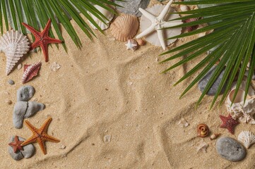 Wall Mural - Overhead arrangement featuring stunning starfish, rocks, and seashells on sandy surface with tropical leaves and shadows, with room for text, website header