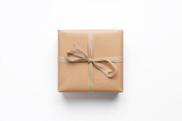 Wall Mural - Present encased in brown wrapping paper with a ribbon on a white background