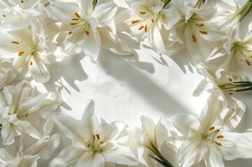 Wall Mural - Top view arrangement featuring gorgeous lily blossoms on a white surface