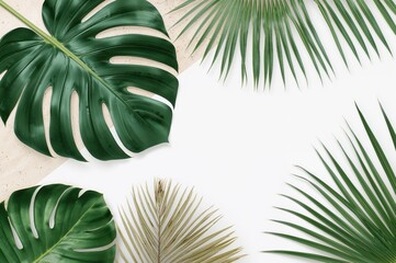 Wall Mural - Overhead view of tropical monstera and palm leaves arranged on a white backdrop