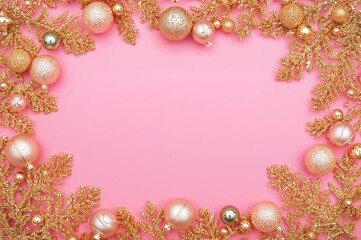 Wall Mural - Festive pink backdrop adorned with golden ornaments forming a border. Cheerful flat lay from above with 'Merry Christmas' message.