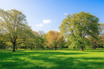 Wall Mural - Sunny day in a park with lush green grass and trees