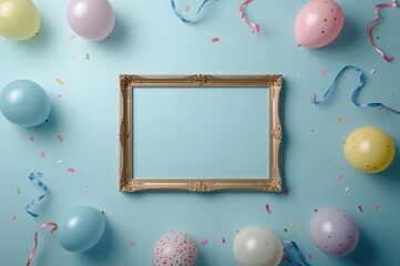 Wall Mural - Decorative frame set against a soft blue backdrop with ample space for text, viewed from above