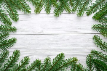 Wall Mural - Decorative fresh pine needles and Oriental Arborvitae on a white wooden surface with space for text